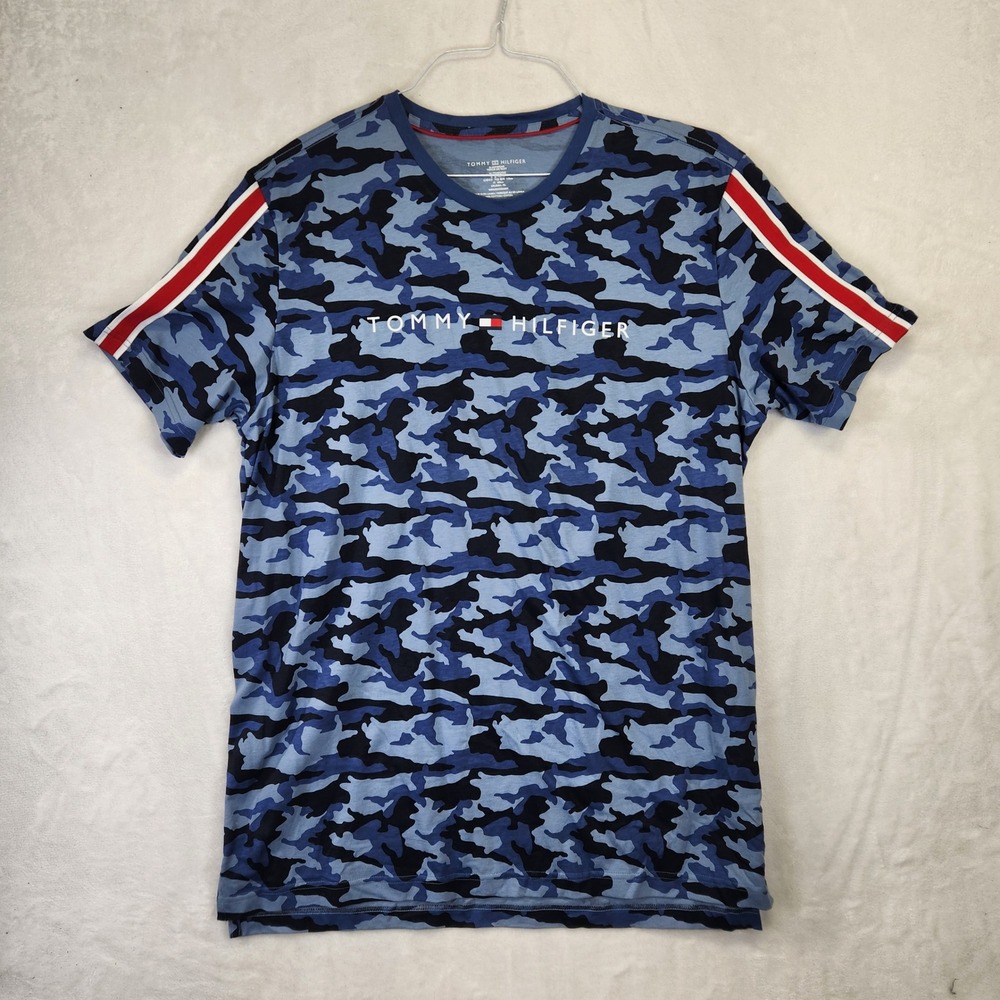 Tommy Hilfiger Mens Blue Camo Sleepwear T-Shirt XL Cotton Short Sleeve Logo Tee